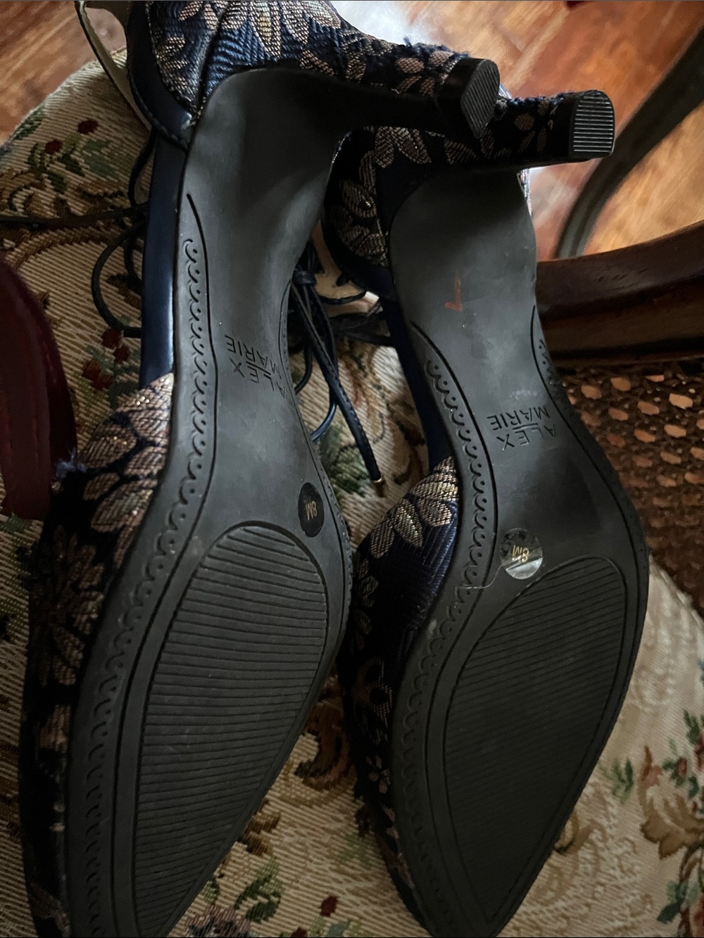 Alex Marie Navy Floral Lace Tie-Ankle Pointed Heels - Picture 6 of 6